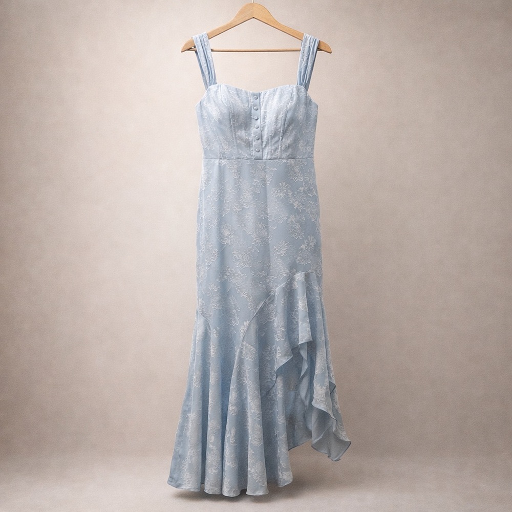 AZAZIE Blue Lace Corset Midi Dress Square Neck Boned Ruffle Hem